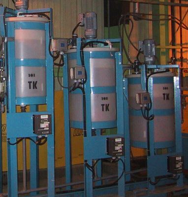 Agitated leach tanks for a hydrometallurgical pilot plant.